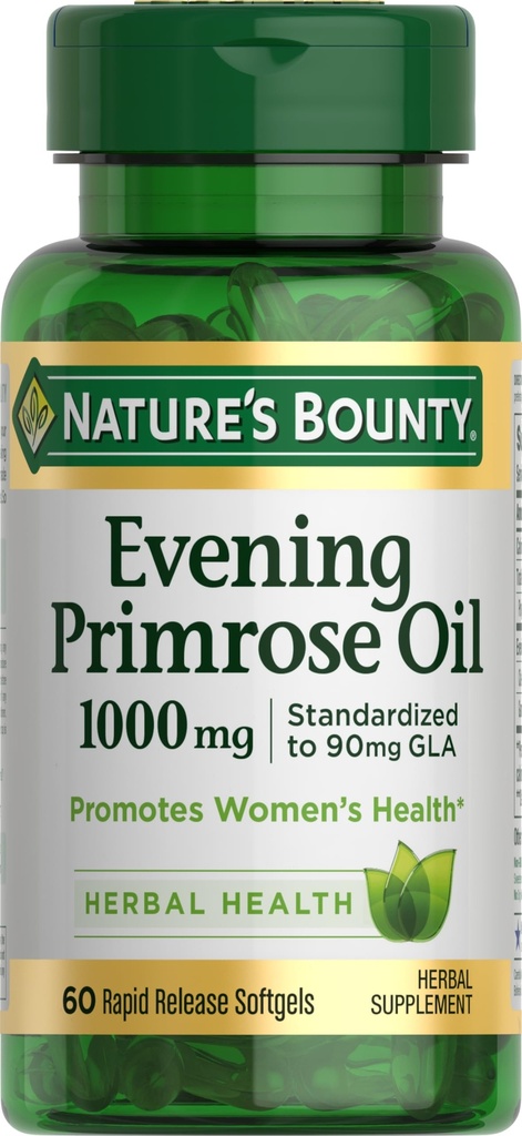 Nature's Bounty Primrose Oil 1000mg, bevordert de gezondheid van vrouwen, kruidensupplement, Glutenvrij, 60 Snelle release Softgels
