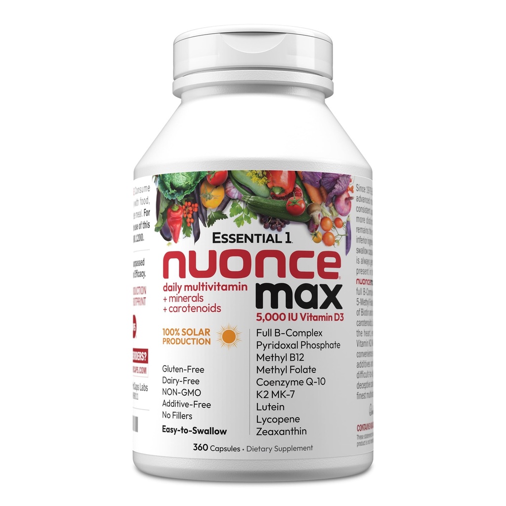 ANDREW LESSMAN Essential-1 nuonce max Multivitamine 5000 IE Vitamine D3 360 Kleine Capsules. 100 mcg Methyl B12. CoQ10 Luteïne Lycopeen Zeaxanthine. Hoge Potentie. Geen additieven. Ultra-Mild One Dagelijkse Capsule
