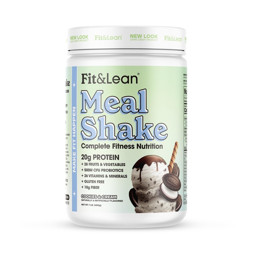 Fit & Lean Meal Shake, Fat Burning Meal Replacement, Meal Replacement with Protein, Fiber, Probiotics and Organic Fruits & Fruits, Cookies and Cream, 1lb, 10 Servings Per Container