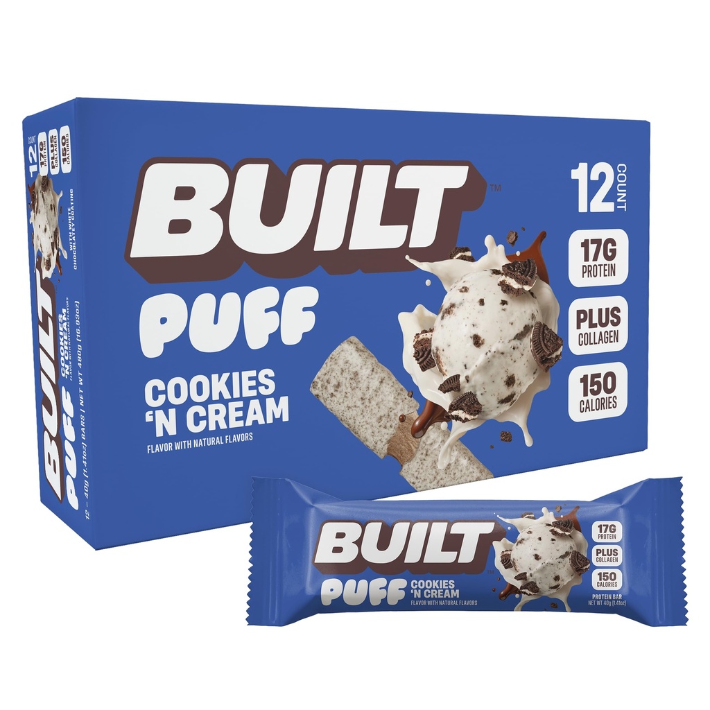 Built Bar, Puff Protein Bars, Cookies 'N Cream Puff, 17g Protein Snacks, On-The-Go Bars, Slechts 140 Calorieën, 7g Suiker, Collageen, Niet Glutenvrij, 12 Tellen