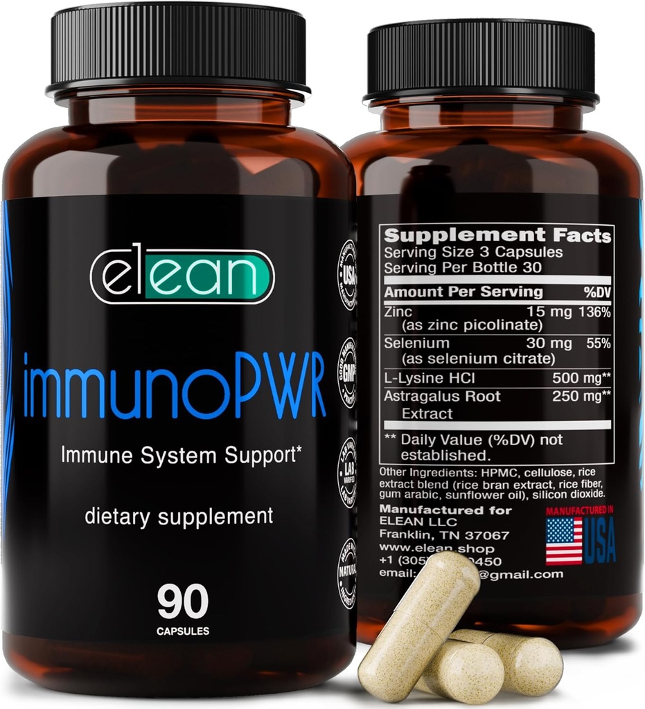 ELEAN Immuno PWR- verrijkt met Zink, Selenium, Amino Acid Lysine en Astragalus Root Extract voor Collageen Synthesis, Thyroid Health, Mineral Support, Energy and Immune Health 90 Veg Capsules.
