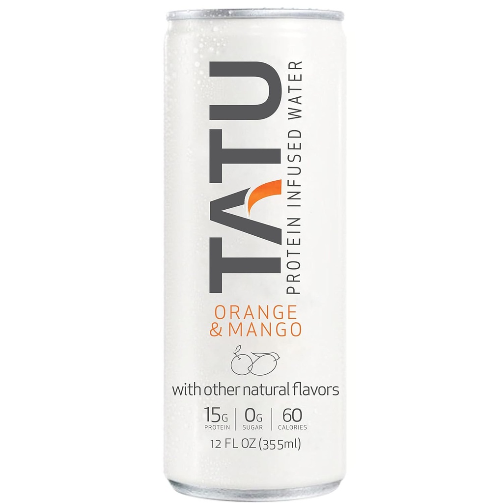 TATU Ready-To-Drink Protein Infunded Water Orange Mango 4 Pack. 15 gram wei-eiwitisolaat, 0 gram suiker, slechts 60 calorieën. Lemon Ginger en Orange Mango. Glutenvrij, lactosevrij.