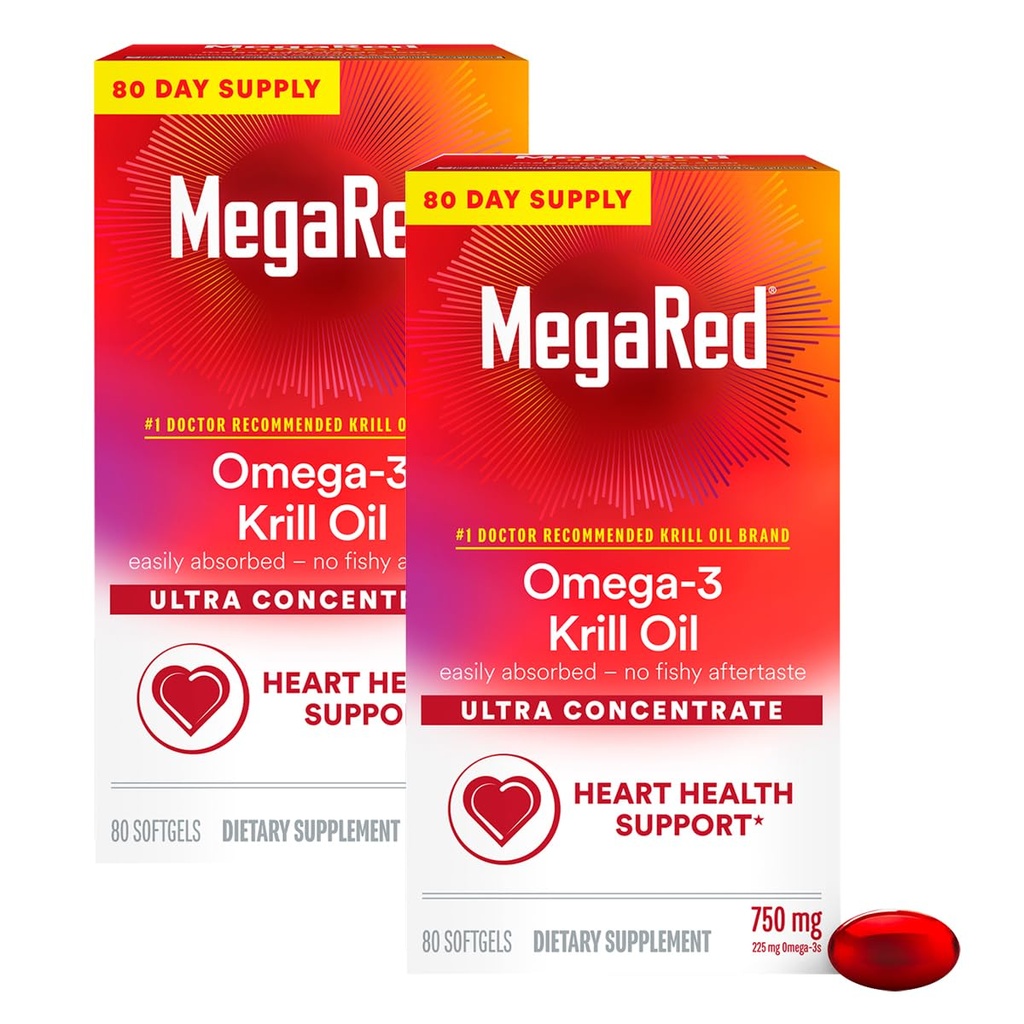 MegaRed Ultra Concentrate 750mg Omega-3 Krill Oil Fatty Acid Supplement met EPA/DHA, Antioxidant Astaxanthine, Geen Visolie Aftersmaak Ondersteunt Heart Health, 80 Count Softgels (2 Pack)