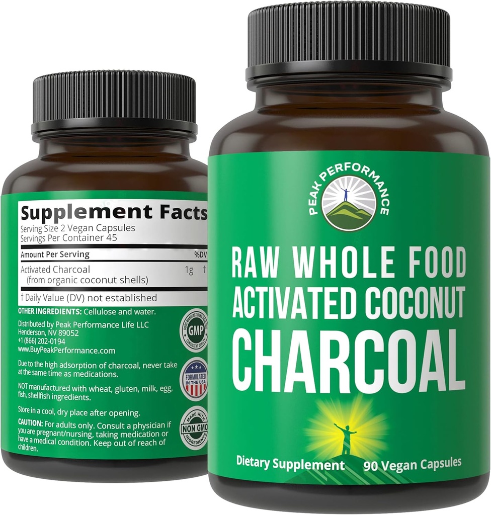 Peak Performance Actived Charcoal Vegan Capsules from Wild Harvested Coconut Shells. Beste veilige Charcoal Pillen Supplement voor Detox, Gas Relief, Opgeblazen. voor mannen en vrouwen 90 Alle natuurlijke tabletten
