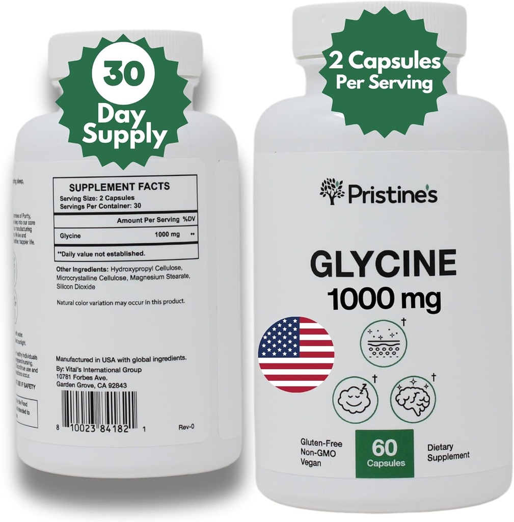 Oude label Glycine 1000MG Aminozuur supplement Slaapondersteuning Capsules - 30 dagen levering - spierherstel, niergezondheid & collageen vorming productie ondersteuning