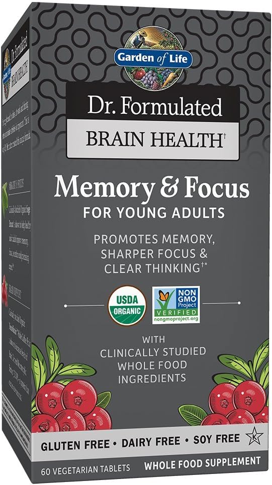 Garden of Life Dr Formulated Memory & Focus for Young Adults - Memory, Focus, Clarity and Brain Health for Young Adults & Teens, Organic Tablets - Vitamin D3, Turmeric, Sage, Coffee Fruit 