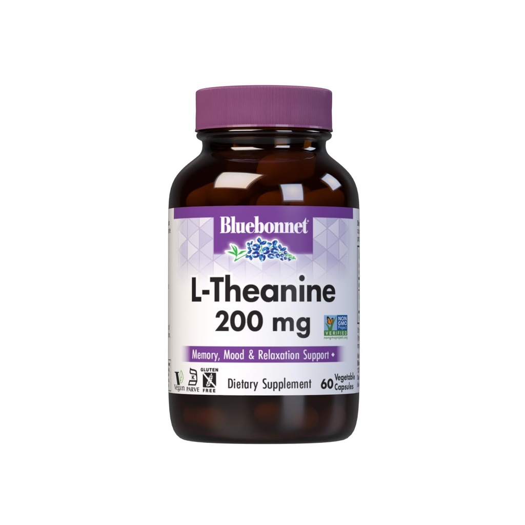 Bluebonnet Nutrition L-Theanine 200mg, Free-Form Amino Acid, bevordert ontspanning*, Soy-Free, Gluten-Free, Non-GMO, Kosher Certified, Vegan, 60 plantaardige capsules, 60 porties