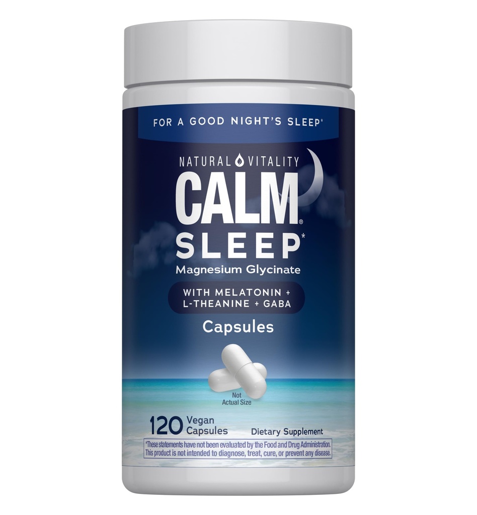 Natural Vitality Calm Slaap Magnesium Supplement, Melatonine & Magnesium Citrate, Slaaphulp Capsules, Glutenvrij, Veganistisch, Non-GMO, helpt het lichaam gemakkelijk in slaap, 120 capsules