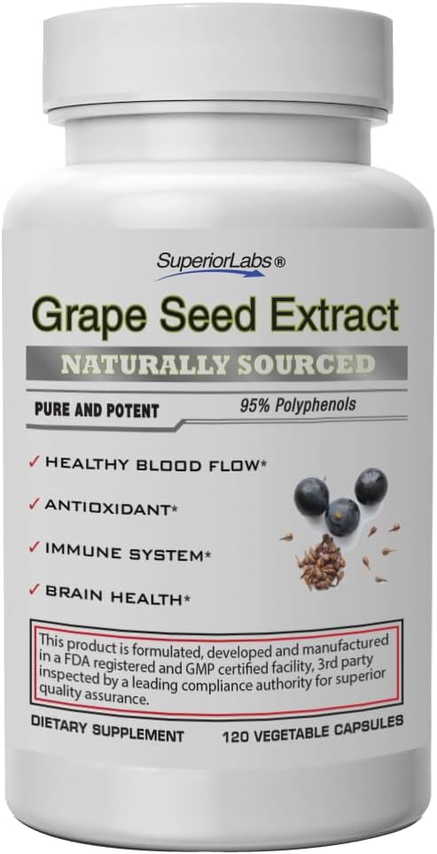Superior Labs Grape Seed Extract, 400mg, 120 Plantaardige Capsules, 95% Polyfenolen, Hoge Antioxidant Inhoud, Gezonde Bloedstroom, Ondersteunt Immune System en Hersengezondheid