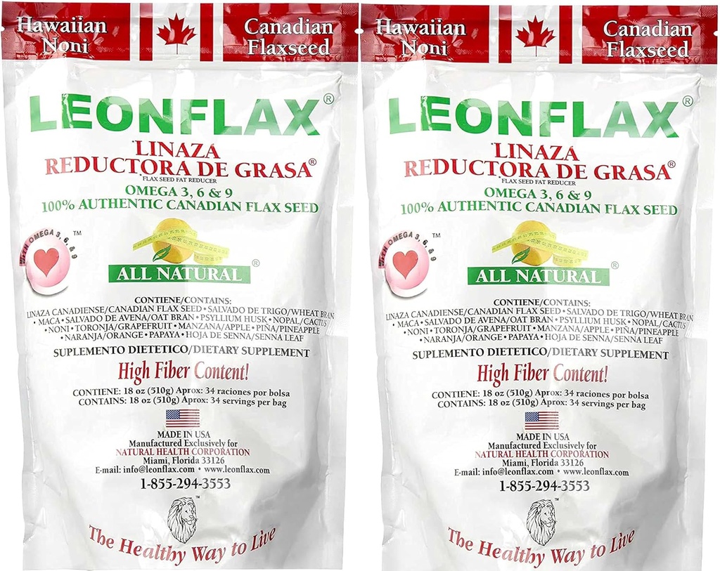 Leonflax 100% Authentieke Canadese Vlaszaadpoeder, alle natuurlijke, hoge vezelinhoud, Dieetsupplement om uw spijsvertering te verbeteren, Omega 3, 6 & 9, 18 Oz, Bag (1) (2)