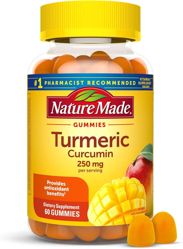 Nature Made Turmeric Curcumin 250mg Per Serving, Dieetsupplement voor Antioxidant Ondersteuning, 60 Gummies, 30 Day Supply