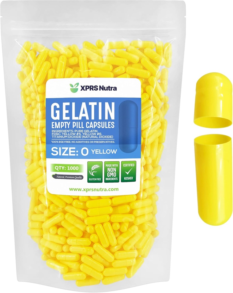 XPRS Nutra Maat 0 Lege capsules - 1000 Telle Lege Gelatine Capsules - Pillen DIY Capsule Vulling - Pure Bovine Pill Gel Caps for Do-It-Yourself Supplements (Geel)