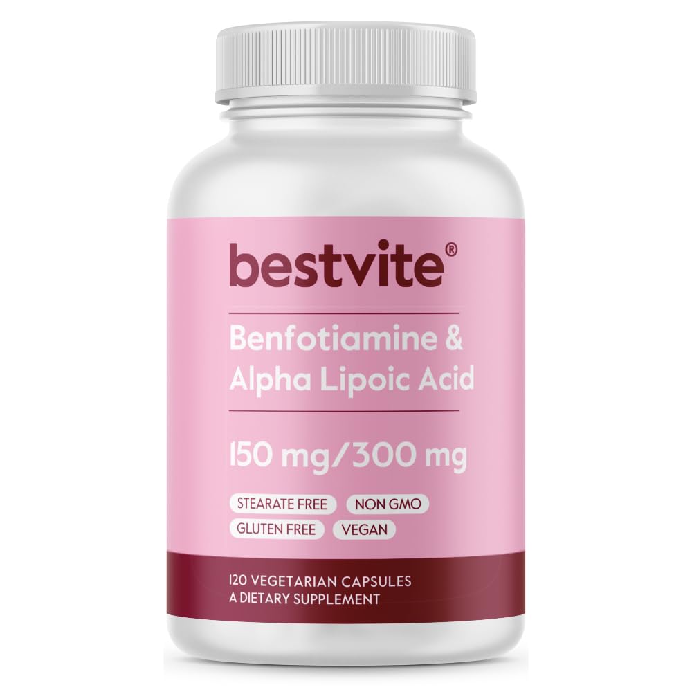 BESTVITE Benfotiamine 150mg / Alpha Lipoic Acid 300mg (120 Vegetarian Capsules) - No Stearates - Vegan - Gluten Free - Non GMO