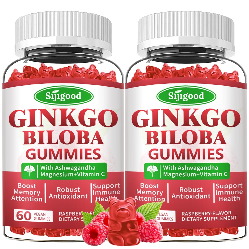 2 Pack Ginkgo Biloba Gummies met Panax Ginseng en Magnesium, Ginkgo Biloba Supplementen voor Focus, Geheugen, en Brain Health voor volwassenen & kinderen, Vegan Raspberry Flavor Gummies, 120 Tellen