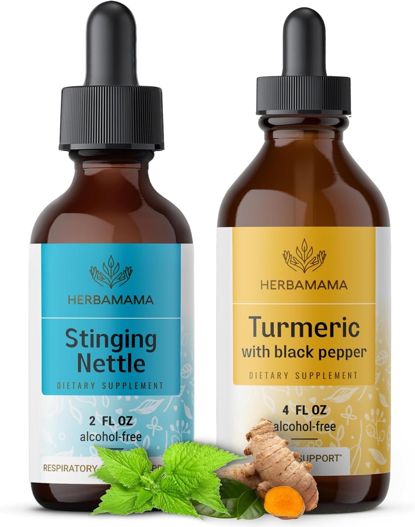 HERBAMAMA Herbal Liquid Drops Kit - Bundle of Stinging Nettle 2 fl oz & Turmeric Curcumin Tinctuur 4 fl oz - Vegan, Non-GMO, Sugar & Alcohol-Free - 2 Pack