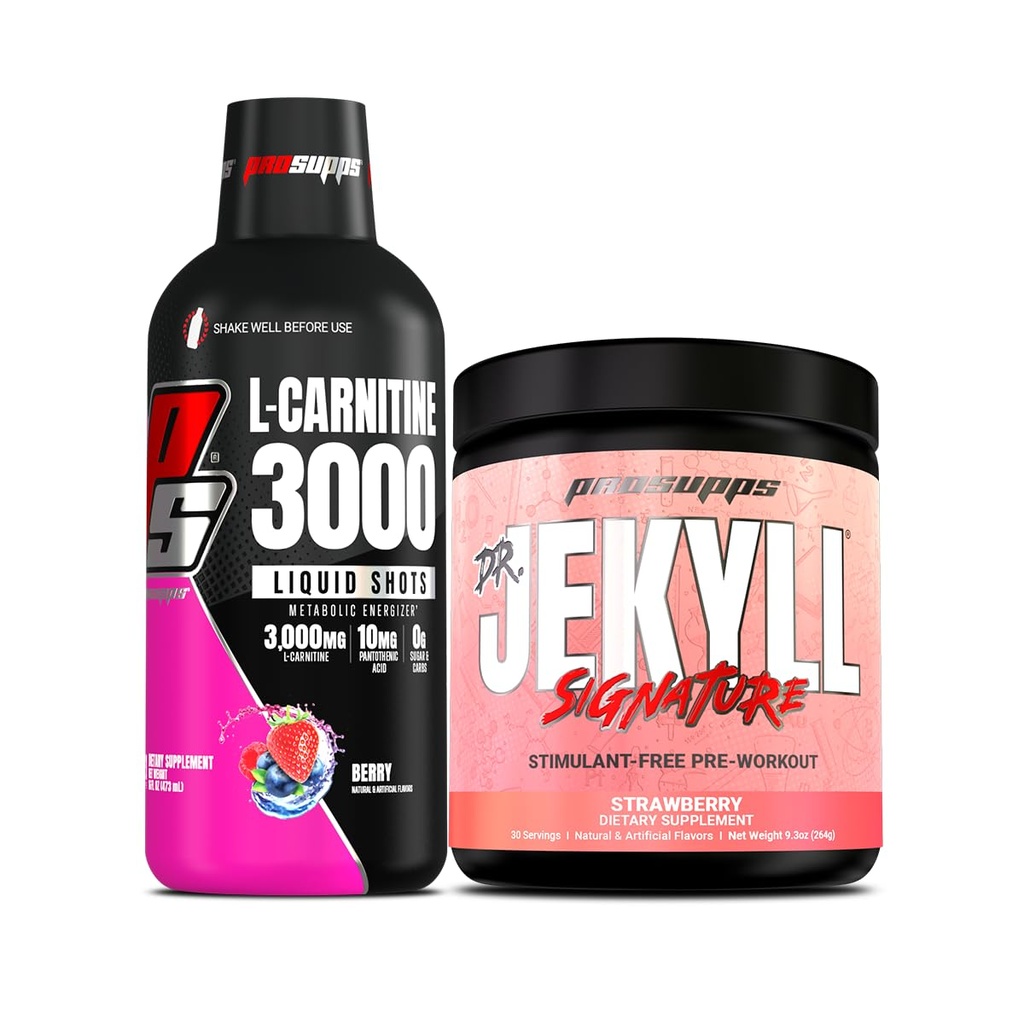 PROSUPPS L-Carnitine 3000 Stimulant Gratis Liquid Shots (Berry) Dr. Jekyll Signature Intense Focus, Energy & Pumps Pre-Workout Powder (Strawberry) Bundel