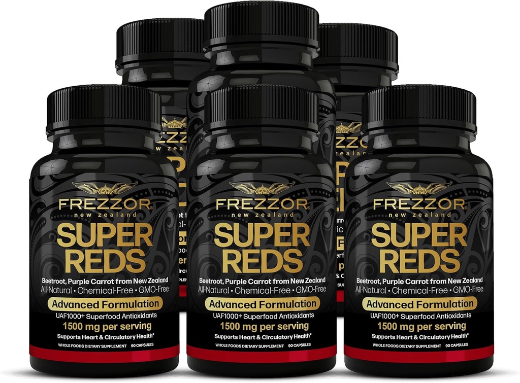 FREZZOR Super Reds Capsules met UAF1000+, All-Natural Nieuw-Zeeland Red Superfood Energy, Essential Red Fruits Veggies& Beet, Antioxidanten, Enzymen, Energiesupplementen, 540 Capsules, 6 Flessen