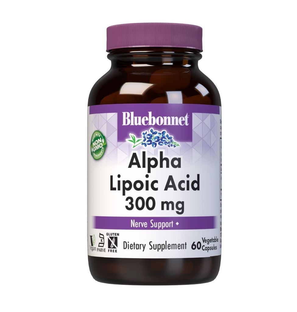 BlueBonnet Alpha Lipoïne Acid 300mg - Krachtig Antioxidant Nerve Ondersteuningssupplement voor vrouwen en mannen - Non-GMO, Veganistisch, Kosher - Glutenvrij, Sojavrij, Melkvrij - 60 plantaardige capsules