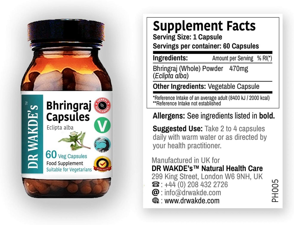 DR WAKDE'S Bhringraj Capsules (False Daisy, Eclipta alba, 60 Veg Caps, Plant Based Supplement, Ayurvedic Herb, All Natural, Vegan)
