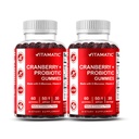 Vitamatic 2 Pack Vegan Cranberry Gummies with D-Mannose, Probiotic & Vitamine C for Women Urinary Tract Health - 25000mg Equivalent Per Serving (vanaf 50:1 Extract 500 mg) - 60 Tel.