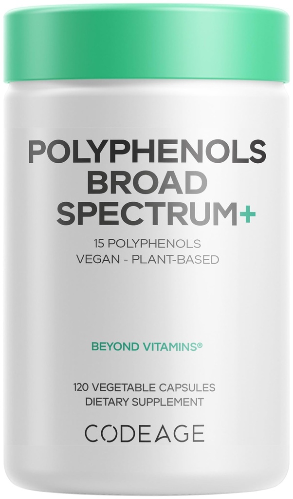 Codeage Polyfenolen Breed Spectrum Supplement - Blend van 15 Bessen, Fruit en Botanische Extracten, Decaf Green Tea Leaf, Quercetin, Resveratrol, Granaatappel, Turmeric - Non-GMO - 120 Capsules