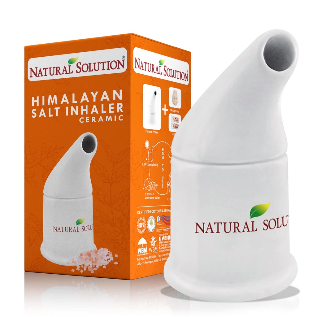 NATUURLIJKE OPLOSSING Keramische zout Inhalator met 2 Himalaya roze zout Refills, Reinigt het ademhalingssysteem, Verlichting ademen Congestie, Inhalator voor Astma Wit 1 Tel.