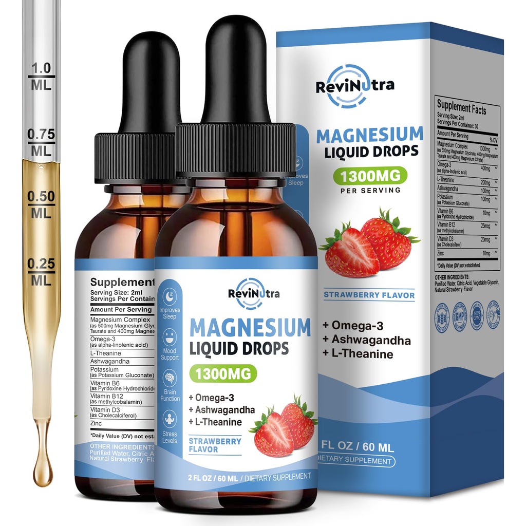 2 Pack Liquid Magnesium Glycinate druppels met Taurate & Citrate, Kalm Magnesium met Omega3, L-Theanine, Kalium, Ashwagandha, Vitamine voor Slaap, Spier, Immune Health, Suikervrije aardbeien smaak