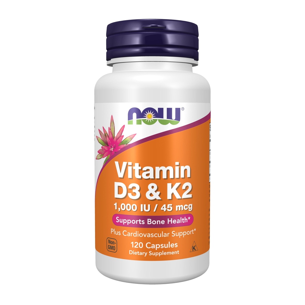 NOW Supplementen, Vitamine D-3 & K-2, 1000 IE/45 mcg, plus Cardiovasculaire ondersteuning*, Ondersteunt Bone Health*, 120 veg Capsules