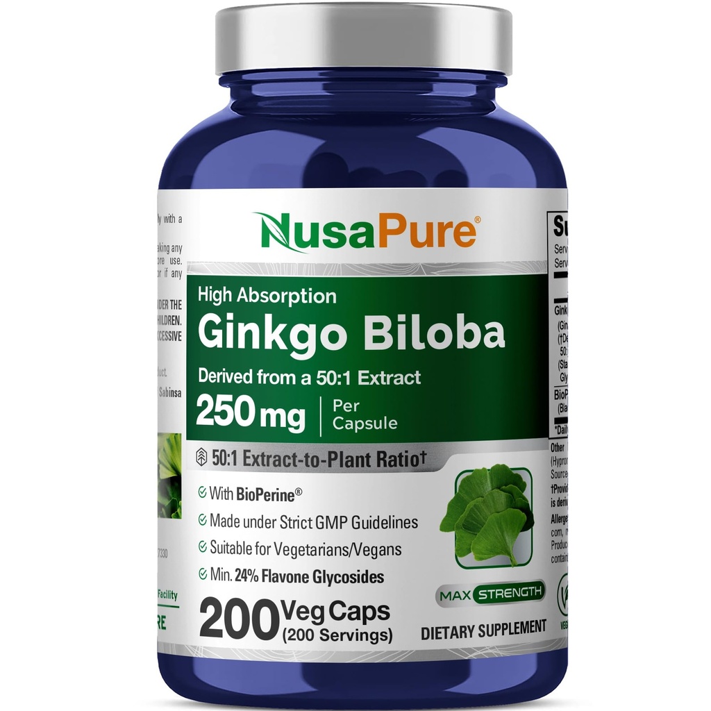 NusaPure Ginkgo Biloba 50:1 Extract, 250 mg Equivalent aan 12.500 mg per Veggie Caps 200 Capsules (Vegetarische, niet-GMO, Veganistisch) Bioperine