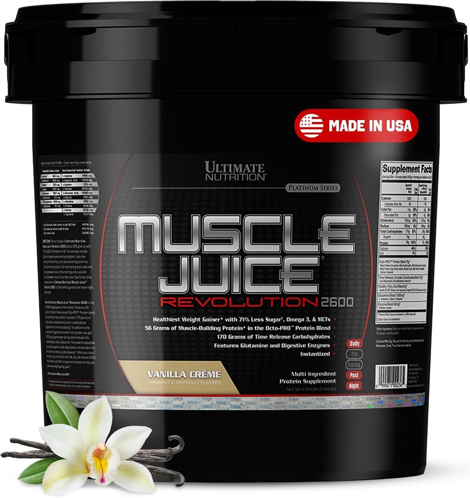 Ultimate Nutrition Muscle Juice 2600 Revolution, Weight Gain Drink Mix - Mass Gainer Workout Powder Supplement for Lean Muscle Growth & Recovery with 56g Proteïne Blend - Vanille, 11.105lb