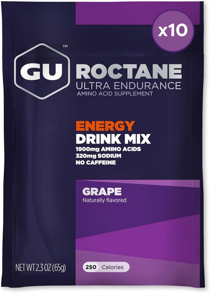 GU Energy Roctaan Ultra Endurance Energy Drink Mix, Veganistisch, Glutenvrij, Kosher, Cafeïnevrij en Dairy-Free n-the-Go Energie voor elke training, 10 Single-Serving Packets, Grape