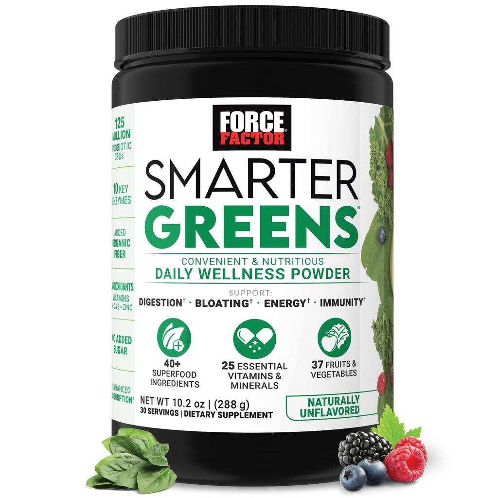 Force Factor Slimmere Groenen Dagelijkse Wellness Poeder, Groenen Superfood Poeder ter ondersteuning van Gut Health, opgeblazen, & spijsvertering, met 40+ Superfoods, 125 miljoen CFUs van Probiotica, Unflavored, 30 Servings
