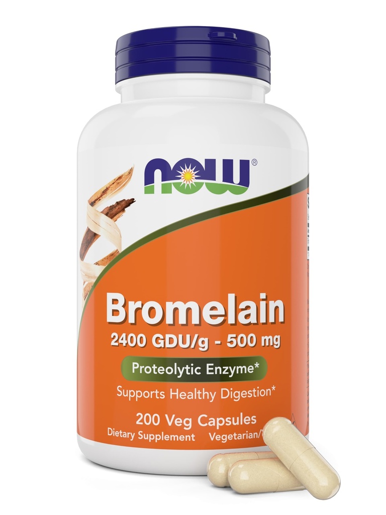 Now Bromelain 500 mg, 200 Veg Capsules - Natural Pineapple, Proteolytic Enzyme Supplement, 2400 GDU