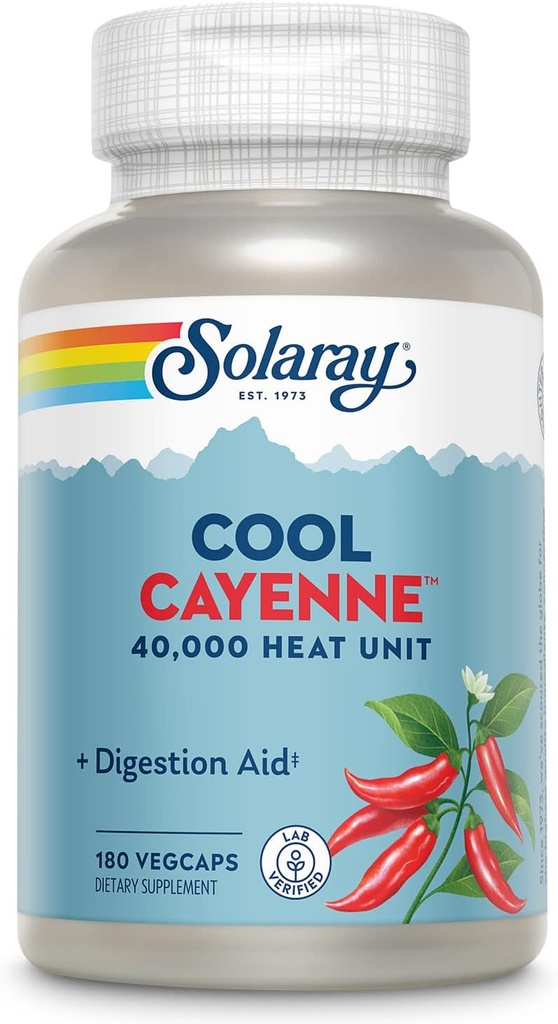 SOLARAY Cool Cayenne Pepper 40.000 HU, Cayenne Pepper Capsules, Digestiehulp, Bio-Cool Process, Lab geverifieerd, 60-dagen geld-terug-garantie, 90 porties, 180 VegCaps