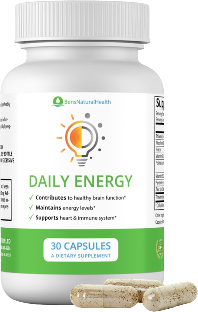 Ben's Natural Health Daily Energy B-Vitamin Complex with TMG and Zinc for Natural Energy, Stress, Focus & Immune Support, 30 Capsules