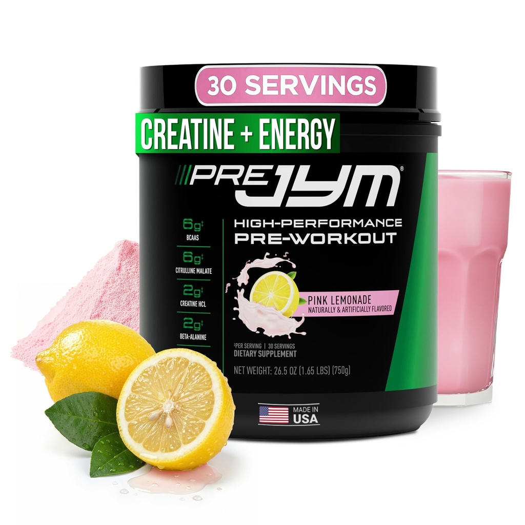 JYM Supplement Wetenschap Pre JYM Roze Lemonade Pre-workout poeder voor mannen & vrouwen, BCAA's, Nootropics, Creatine HCI, Citrulline, Beta-Alanine, Betaine, Taurine, Huperzine, 30 porties