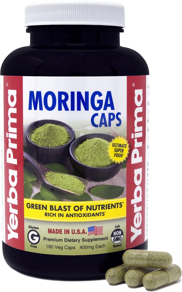 Yerba Prima Moringa, 180 Count Veg Caps - 400mg puur, gedroogd bladpoeder, groene blast van voedingsstoffen, rijk aan antioxidanten, 100% zuiver, Superfood, Non-GMO, Vegan Friendly, Gluten-Free, USA Made