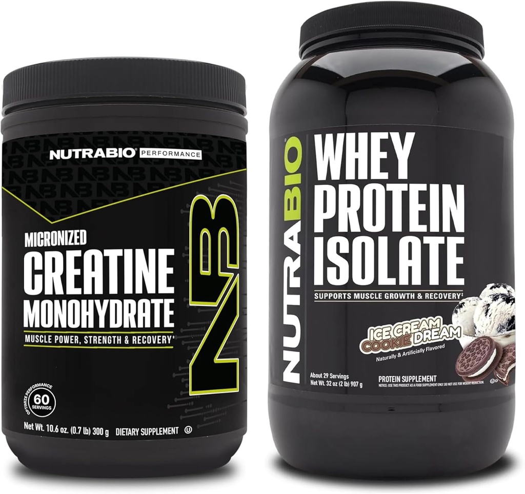 NutraBio Creatine Monohydraat, Unflavored, 300g en Wei Proteine Isolaat, Ice Cream Cookie Droom, Supplement Bundle - Spierenergie, Lean Spiergroei, Herstel, en sterkte