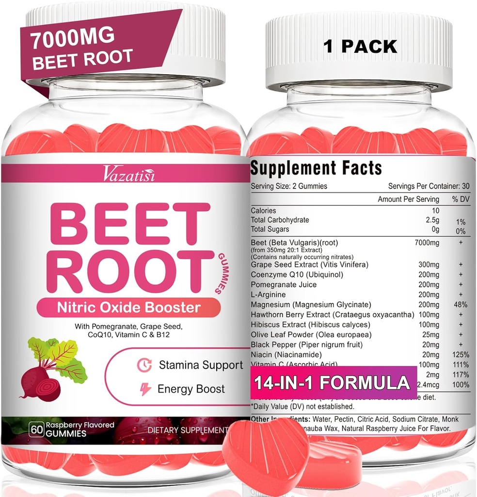 Beetwortel Gummy's - Nitric Oxide Beet Gummies for Circulatie Support, Nitric Oxide Production - with Grape Seed, Hawthorn Berry, Hibiscus, Organic, Non-GMO, 60 Gummies