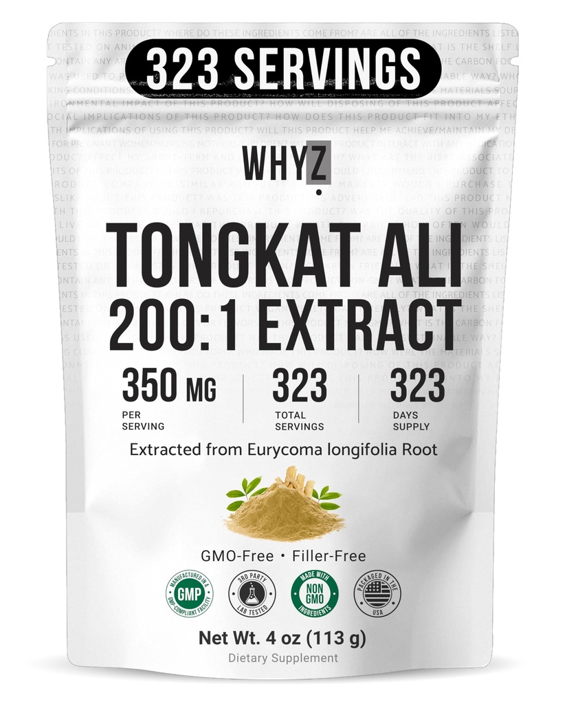 WHYZ Tongkat Ali Extract Powder, Pure Longjack 200:1 Extract Eurycoma longifolia, Unflavored Herbal Powder, Easy Mix Supplement for Daily Routine, Suitable for Men & Women, 113g (4 oz)