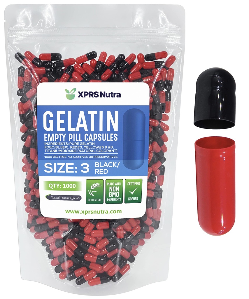 XPRS Nutra Maat 3 Lege Capsules - 1000 Telle Lege Gelatine Capsules - Pillen DIY Capsule vullen - Vulbare Pure Bovine Pill Gel Caps voor Do-It-Yourself Supplementen en Vitaminen (zwart/rood)