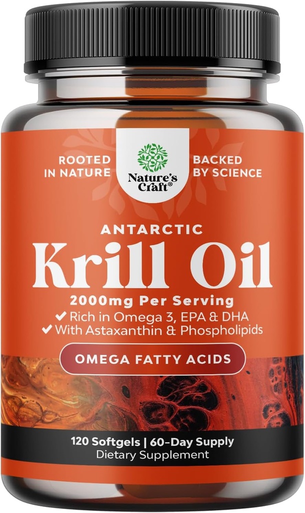 Antarctica Krill Oil 2000mg Softgels Per Serving - Omega 3 Krill Oil Supplement met EPA DHA & Astaxanthine - 3rd Party Lab Getest Geen Gluten GGO's of Fishy Aftersmaak - 2 maanden