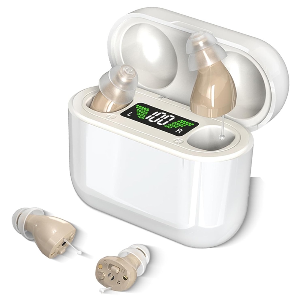 Hoortoestellen met langdurig opladen, Onzichtbare gehoorapparaten voor senioren met Smart Noise Annulering, Volledig In-Canal Hearing Aid Devices, Easy Control (Beige)