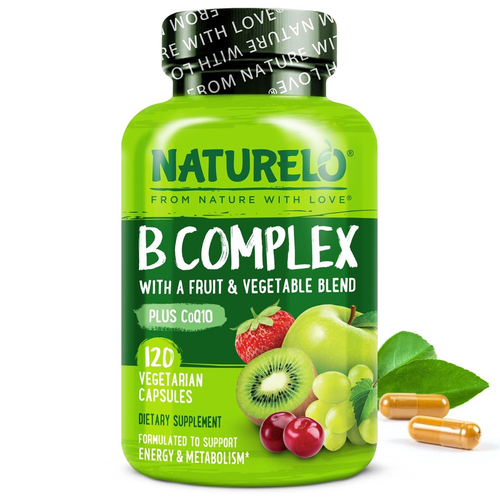 NATURELO Vitamine B Complex,120 Capsules, Vegan, CoQ10, Methylfolaat, Biotine, Fruit & Veg Blend, ondersteunt energie en gezonde stress respons, Super B Complex Vitaminen voor vrouwen en mannen