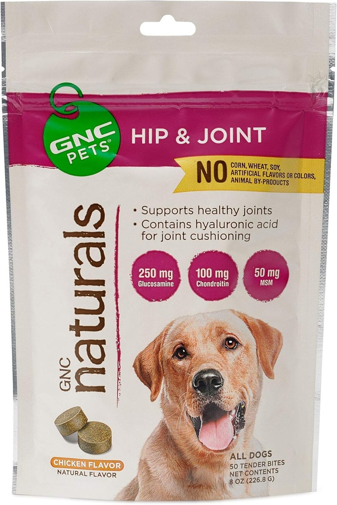 GNC Pets Hip & Joint Tender Bites in Chicken Flavor, Honden Joint Supplement Kauwt voor gezonde gewrichten, Huisdier Vitaminen & Mineraal Ondersteuning Hondenmobiliteit met GNC Pet Vitamine Mineraal Formule, 50 Tellen