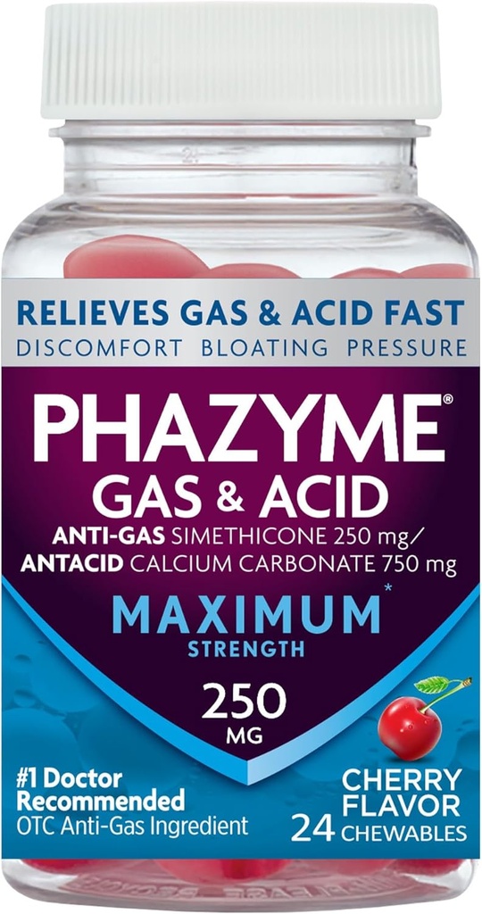 Phazyme Maximum Strength Gas & Acid Relief, Works Fast, Cherry Flavor, 24 Chews (Packaging May Vary)
