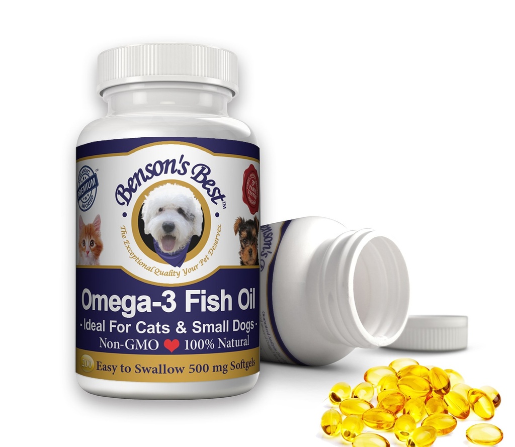 Benson's Beste Omega 3 Visolie voor katten en kleine honden - 200 Softgels 500mg - 43% Meer Omega 3 Vetzuren dan Zalmolie - 100% Zuivere, Niet-GMO, Natuurlijke Dierenvoeding Honden Visolie Supplementen