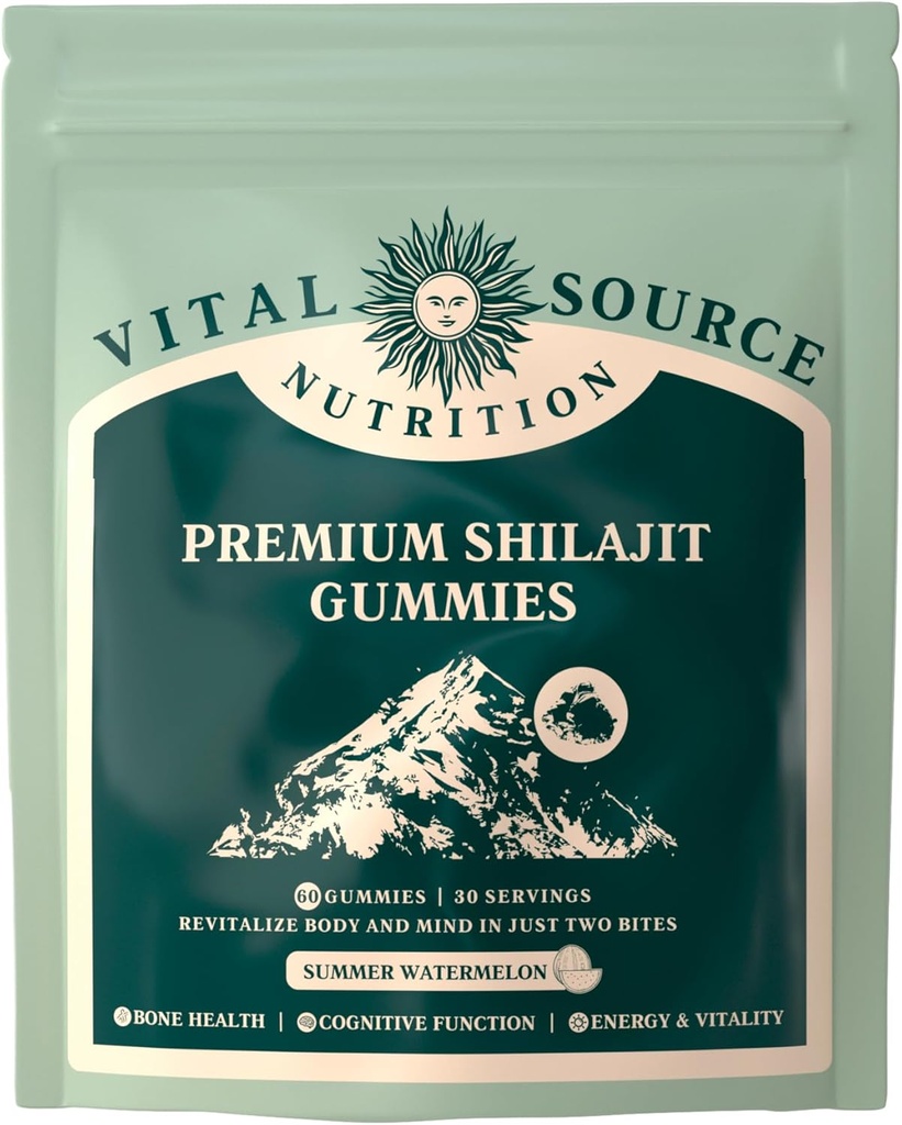 Vital Source Nutrition - Premium Shilajit Gummies - Bone, Brain, Energy & Vitality Support - Himalaya Biologische Shilajit - Veganistisch, Glutenvrij en Halal - Zomerwatermeloen - 60 Gummies - 30 Servers