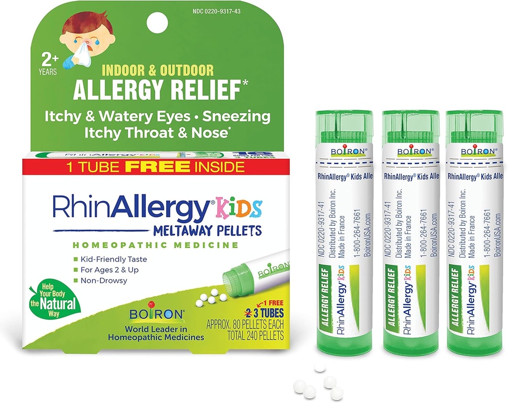 Boiron RhinAllergy Kids Pellets for Relief from Allergy Symptoms of Sneezing, Runny Nose, and Itchy Eyes or Throat - 3 Count (240 Pellets)