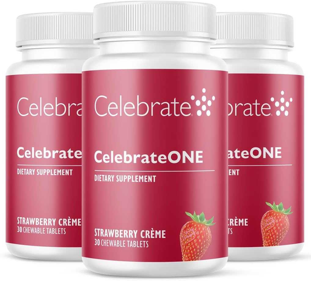 Vier vitamines Vieren CelebrateONE Kauwtabletten, ijzervrij - Eenmaal daags Bariatrische Multivitamine, essentiële vitaminen & mineralen - Gastric Bypass & Sleeve Gastrectomie Supplement - Aardbei Creme (90 tabletten)